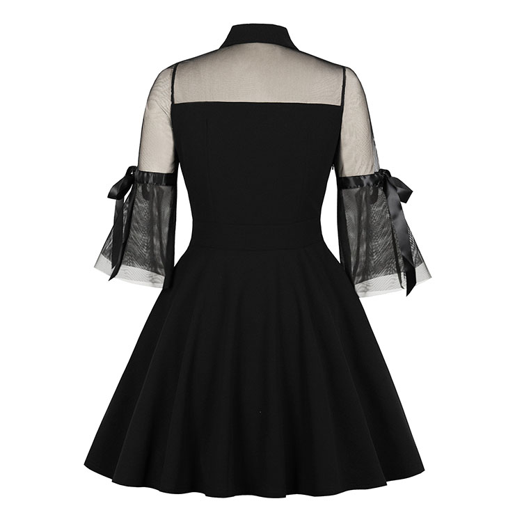 Sexy Black See-through Mesh Splicing Turndown Collar Flare Sleeve High Waist Swing Dress N18872