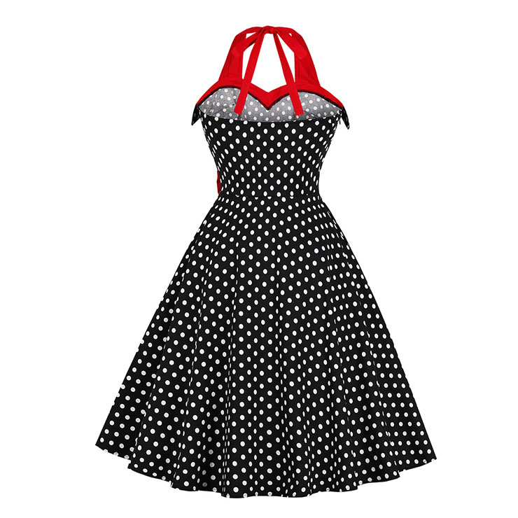 Retro Halter Polka Dots Bowknot Detail Backless High Waist Swing Dress N18877