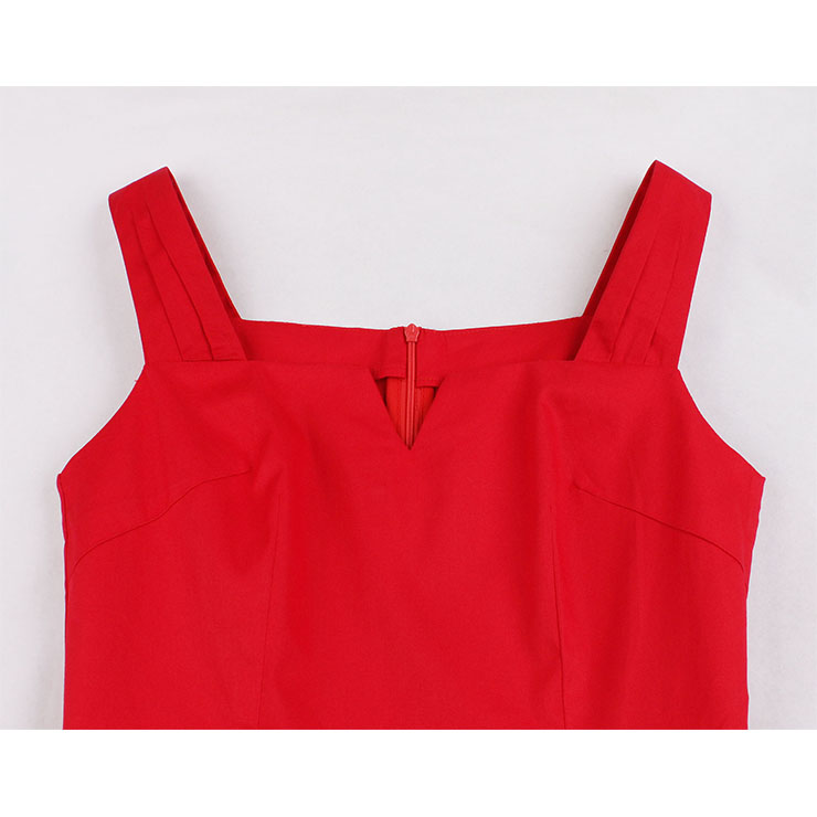 Vintage Red Spaghetti Straps V Neck Bodice Summer Swing Dress N18878