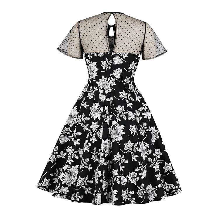 Vintage Sheer Mesh Patchwork Heart-shaped Bodice Floral Printed High Waist Swing Dress N18900
