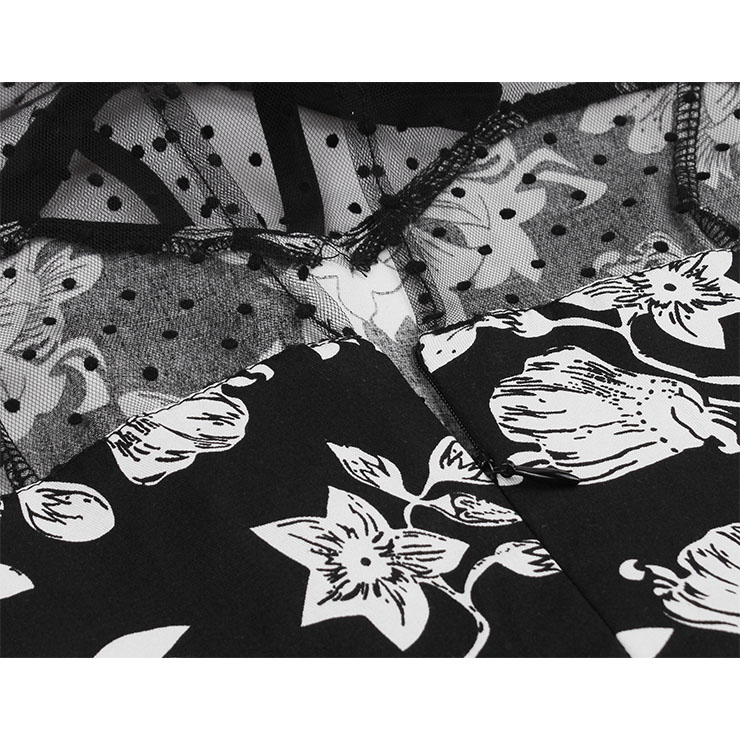 Vintage Sheer Mesh Patchwork Heart-shaped Bodice Floral Printed High Waist Swing Dress N18900