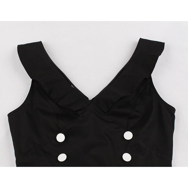 Retro Low-cut Ruffle Lapel Double-breasted Sleeveless High Waist Midi Dress N18903