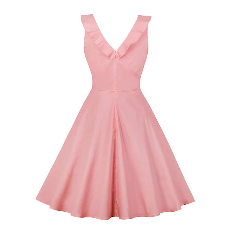 Retro Low-cut Ruffle Lapel Double-breasted Sleeveless High Waist Midi Dress N18904