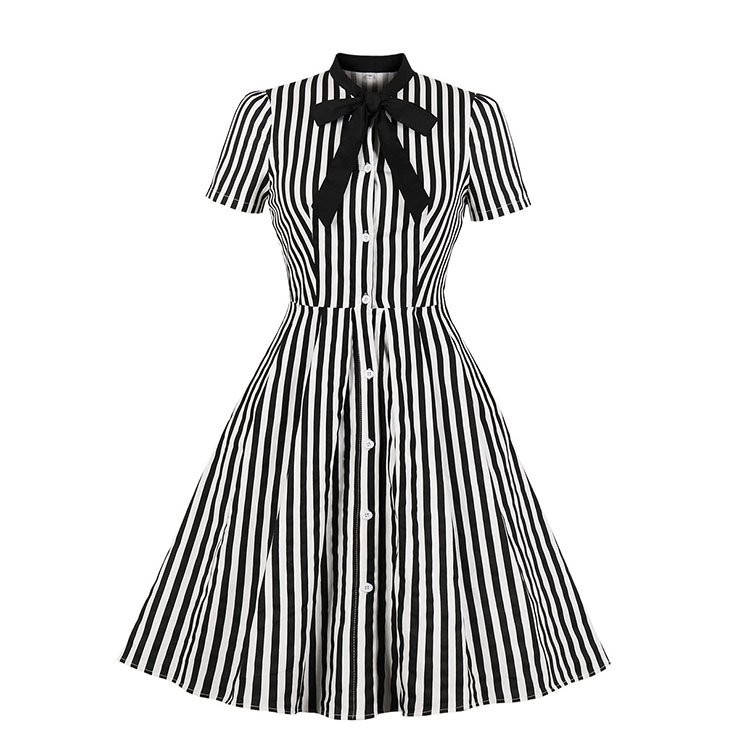 Vintage Black and White Vertical Striped Butterfly Collar Short Sleeve High Waist Midi Dress N18907