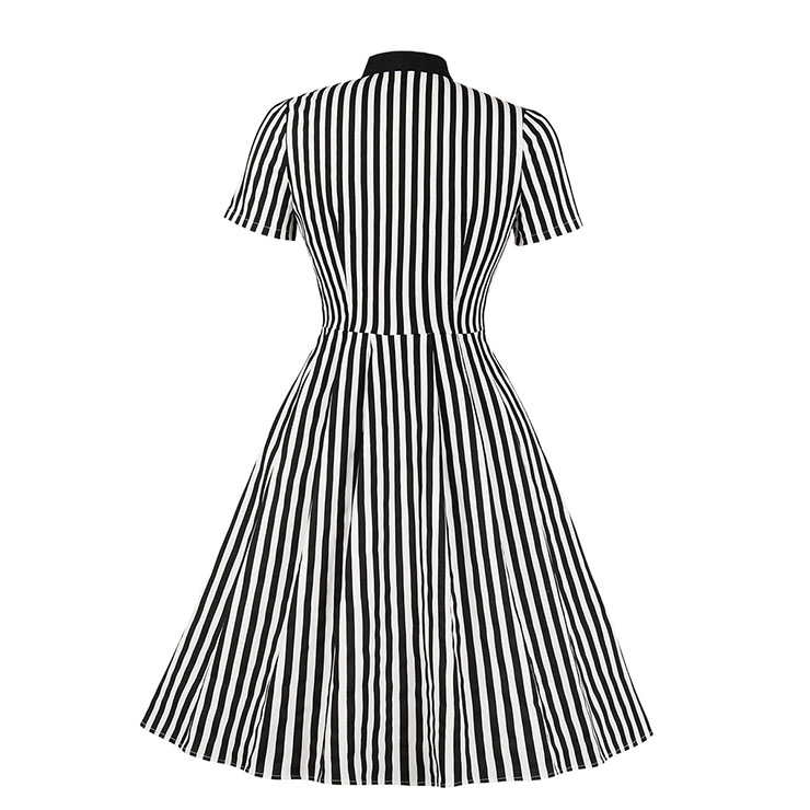 Vintage Black and White Vertical Striped Butterfly Collar Short Sleeve High Waist Midi Dress N18907