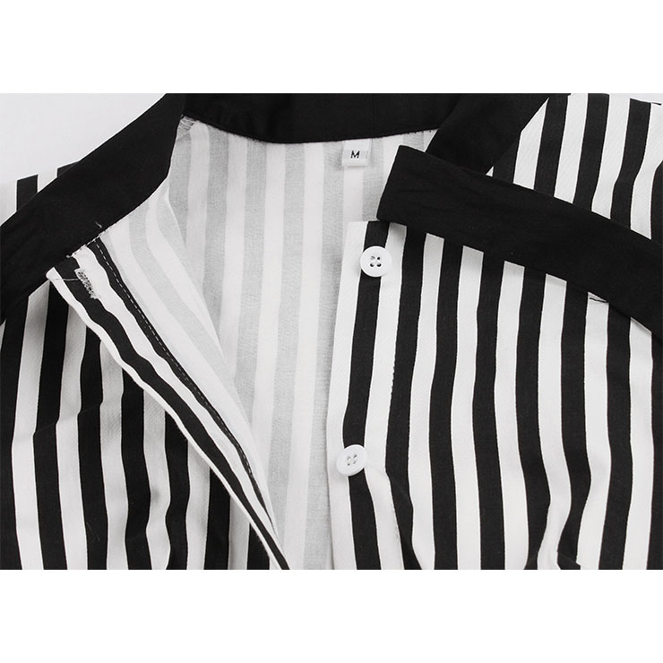 Vintage Black and White Vertical Striped Butterfly Collar Short Sleeve High Waist Midi Dress N18907