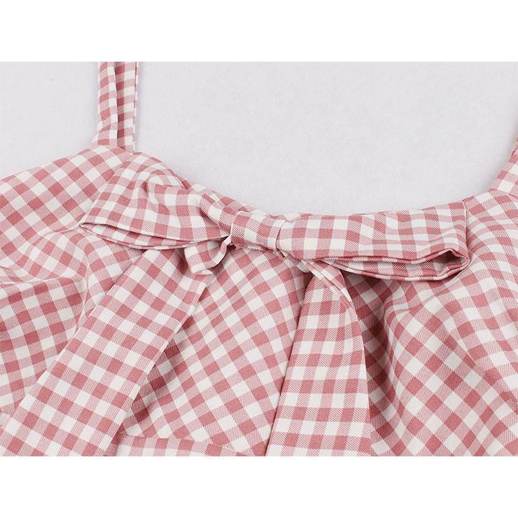 Vintage Rockabilly Checkered Sweetheart Neckline Spaghetti Straps Frock Summer Swing Dress N18989
