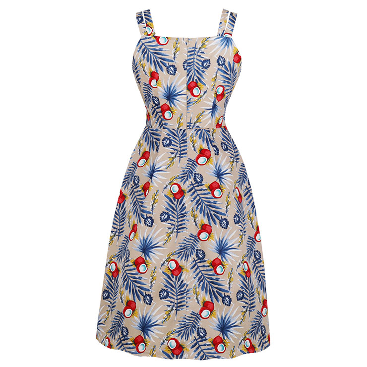 Retro Tropical Coconut Palm Printed Sweetheart Bodice Double Straps Frock Summer Midi Dress N18993