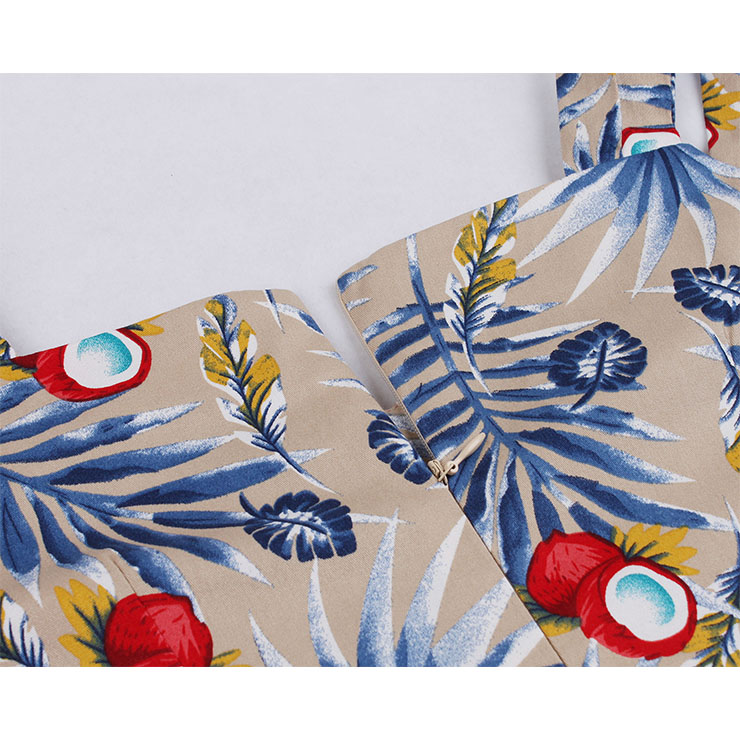 Retro Tropical Coconut Palm Printed Sweetheart Bodice Double Straps Frock Summer Midi Dress N18993