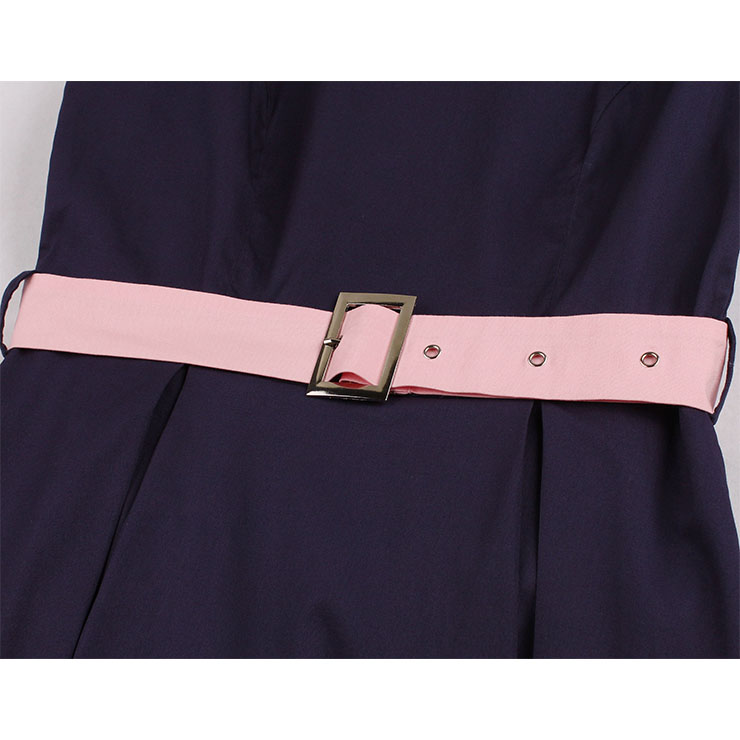 Elegant Crew Neck Sleeveless Contrast Color Patchwork Midi Formal Dress with Belt N19024