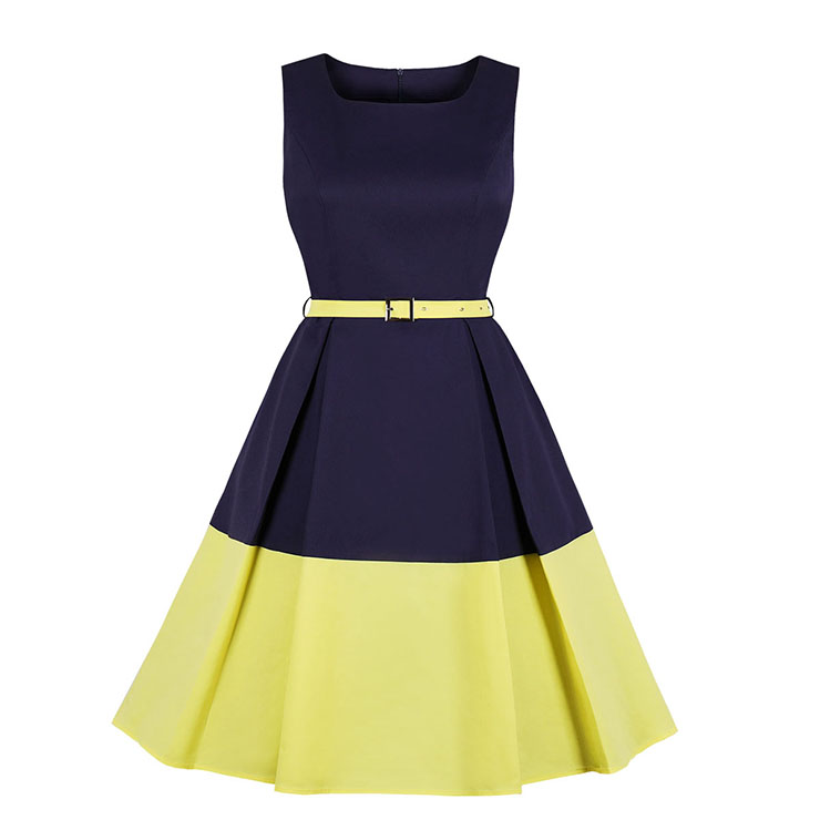 Elegant Crew Neck Sleeveless Contrast Color Patchwork Midi Formal Dress with Belt N19025