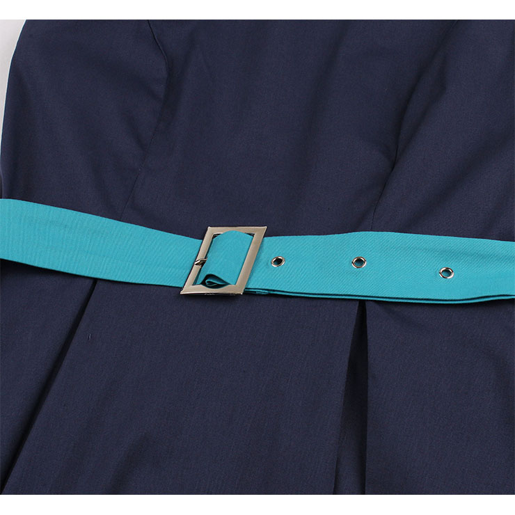 Elegant Crew Neck Sleeveless Contrast Color Patchwork Midi Formal Dress with Belt N19026