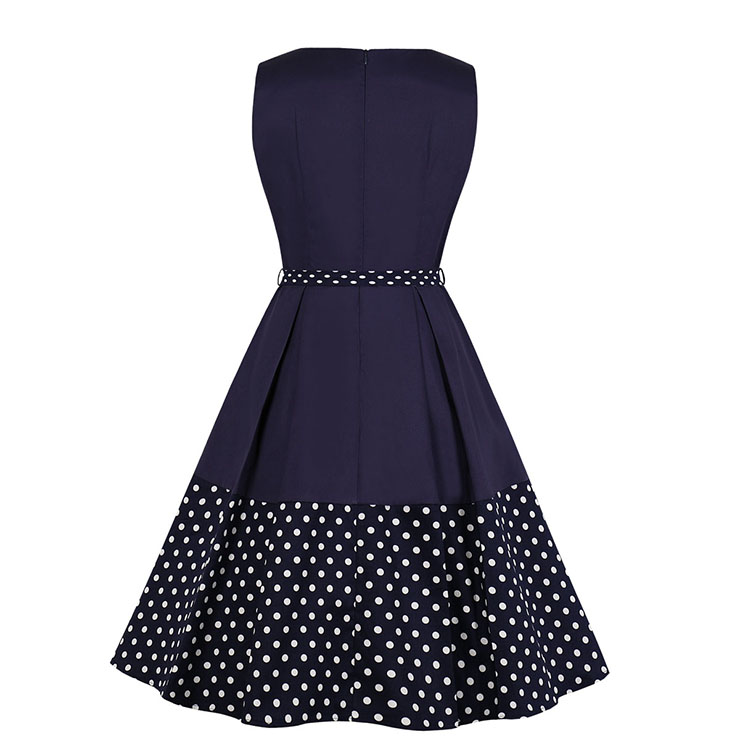 Elegant Crew Neck Sleeveless Polka Dots Patchwork Midi Formal Dress with Belt N19027