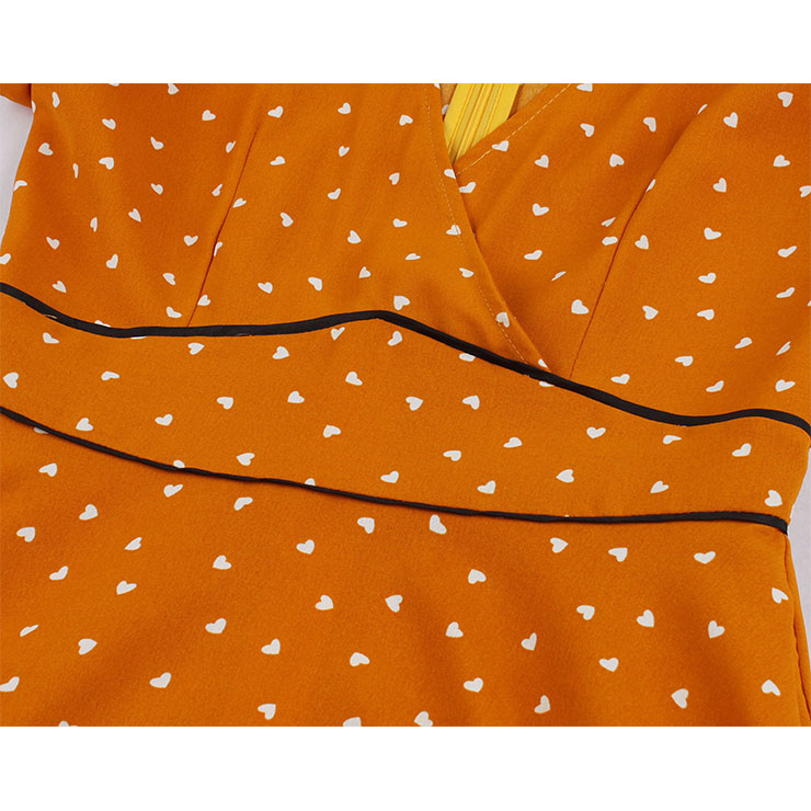 Fashion Heart-shaped Pattern V Neckline Petal Sleeve High Waist Swing Dress N19028