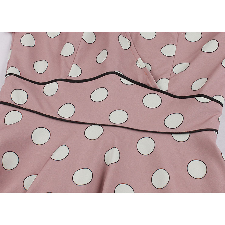Fashion Casual Polka Dots V Neckline Petal Sleeve High Waist Swing Dress N19029