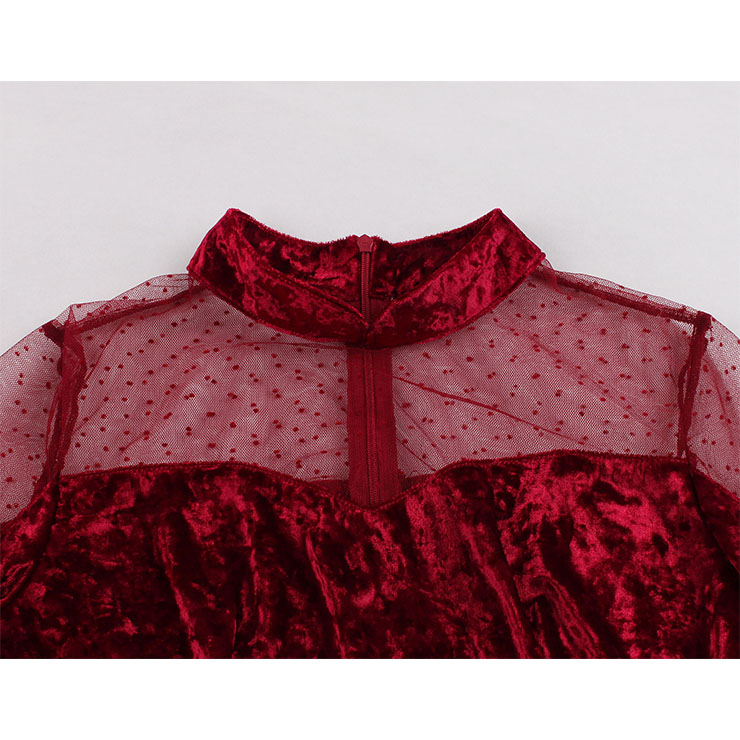 Vintage Sheer Mesh Spliced Velvet Heart-shaped Bodice High Waist Midi Swing Dress N19934