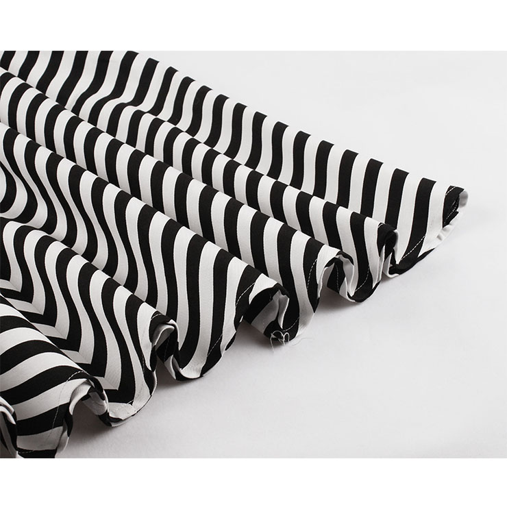 Vintage Black and White Striped Lapel Raglan Sleeve High Waist Swing Dress N20979