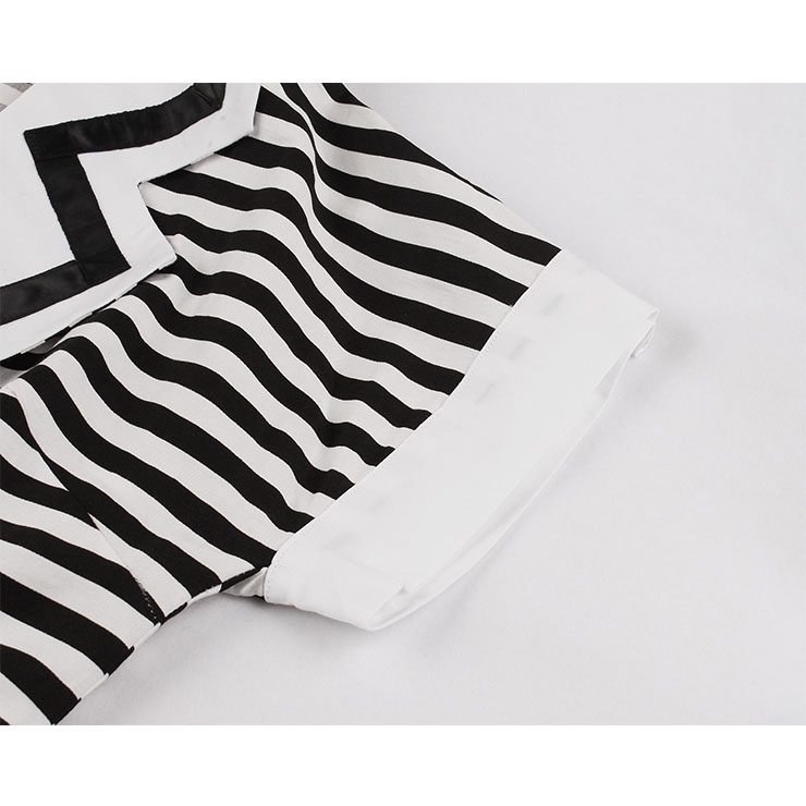 Vintage Black and White Striped Lapel Raglan Sleeve High Waist Swing Dress N20979