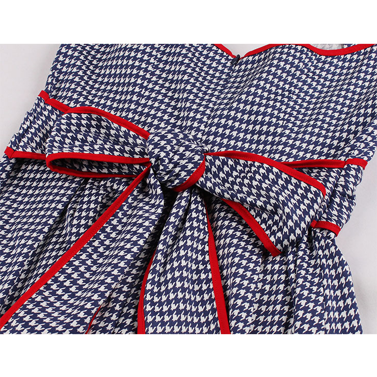 Retro Blue Halter Grid Printed Lace-up Backless High Waist Swing Dress N21336