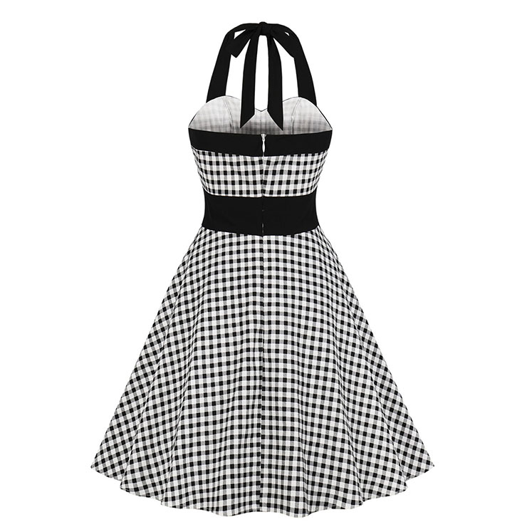 Vintage Houndstooth Sweetheart Neckline Strappy Halter Frock Summer Swing Dress N19199