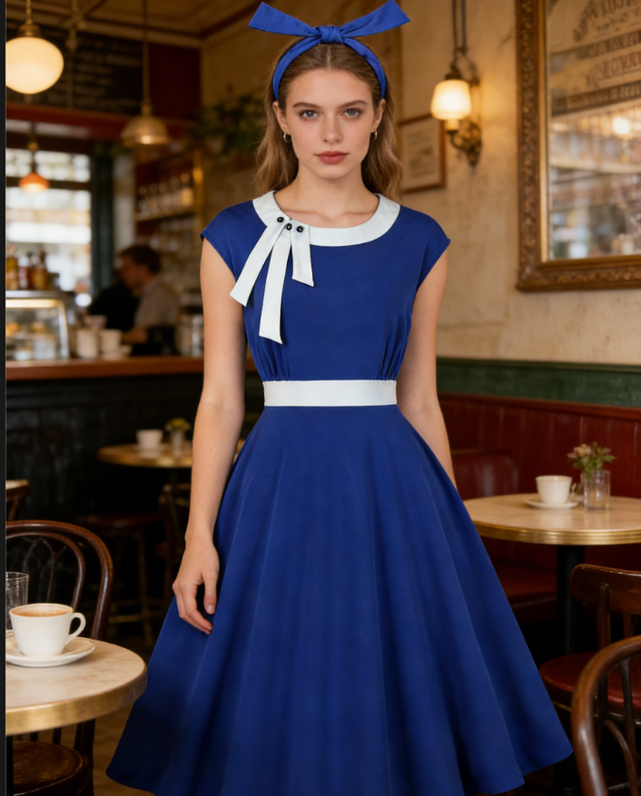 Vintage Inspired Blue A-Line Dress with Side Bow, Waist Belt, and Matching Headband N23818