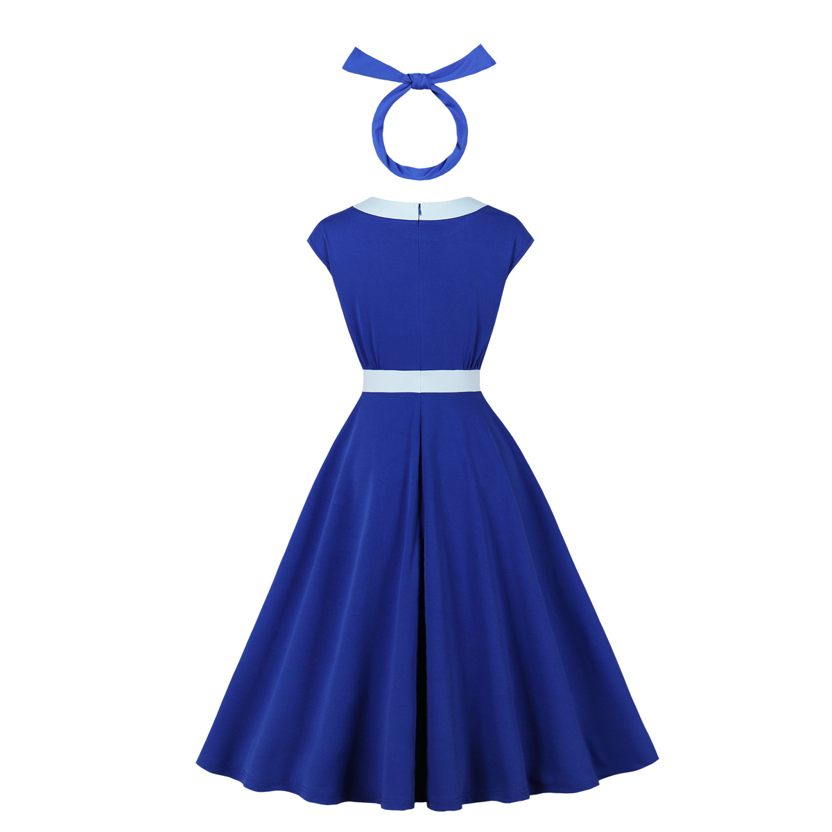Vintage Inspired Blue A-Line Dress with Side Bow, Waist Belt, and Matching Headband N23818