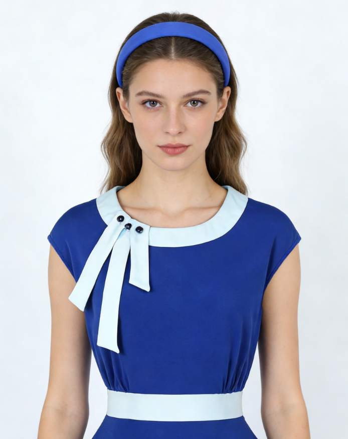 Vintage Inspired Blue A-Line Dress with Side Bow, Waist Belt, and Matching Headband N23818