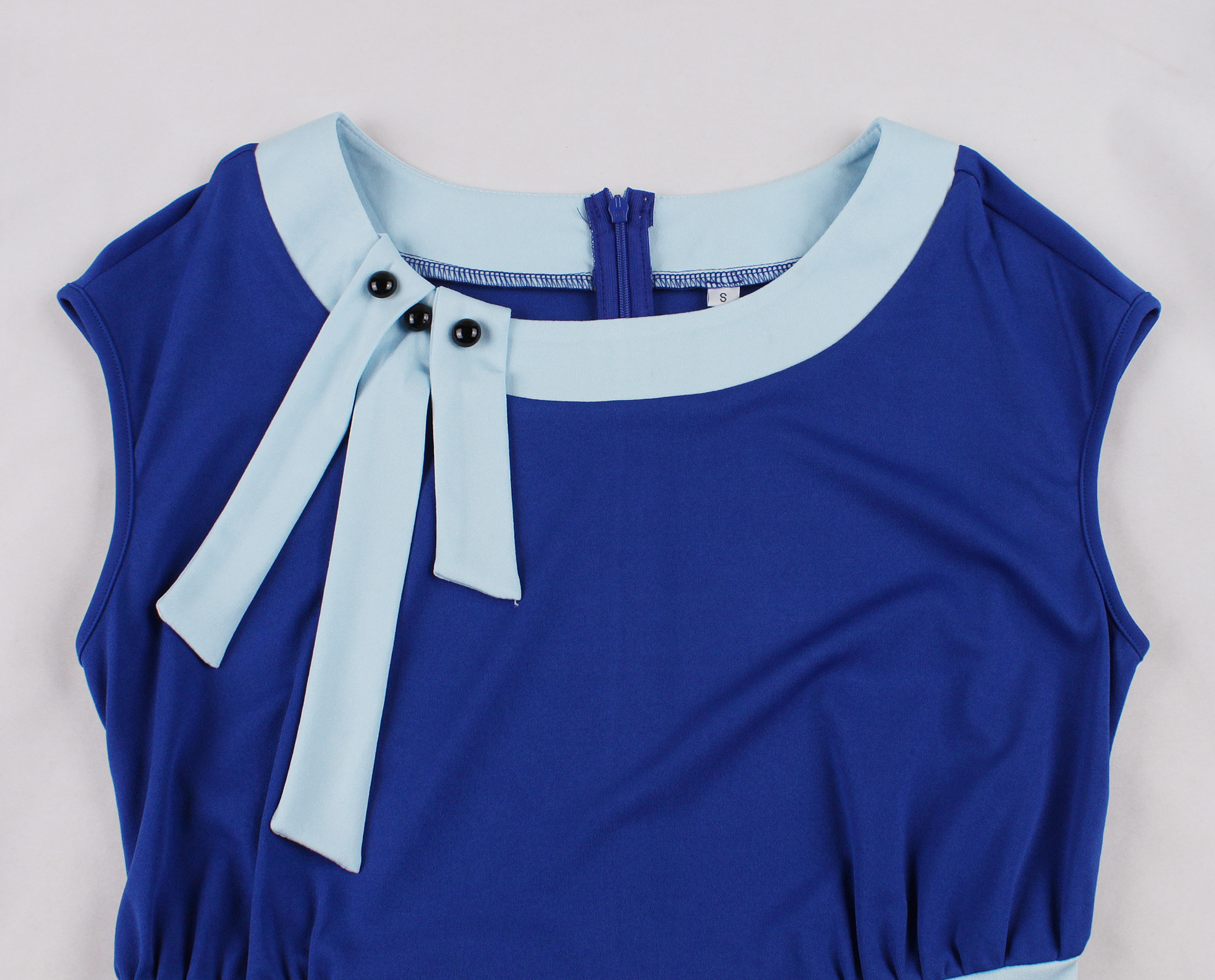 Vintage Inspired Blue A-Line Dress with Side Bow, Waist Belt, and Matching Headband N23818