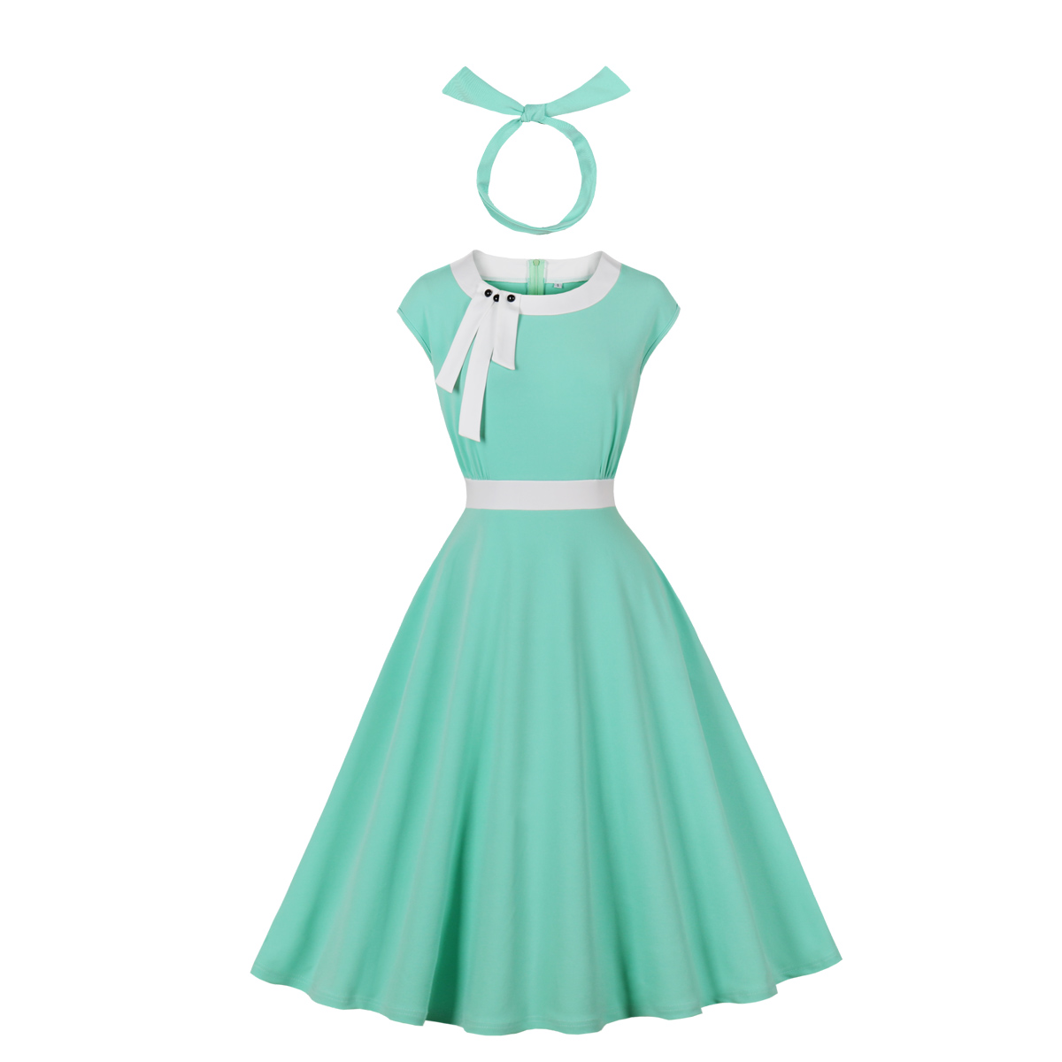 Vintage Mint Green Short Sleeve Dress with White Bow and Matching Headband, A-Line Retro Flared SkirtN23819