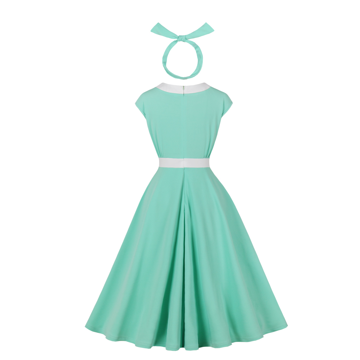 Vintage Mint Green Short Sleeve Dress with White Bow and Matching Headband, A-Line Retro Flared SkirtN23819