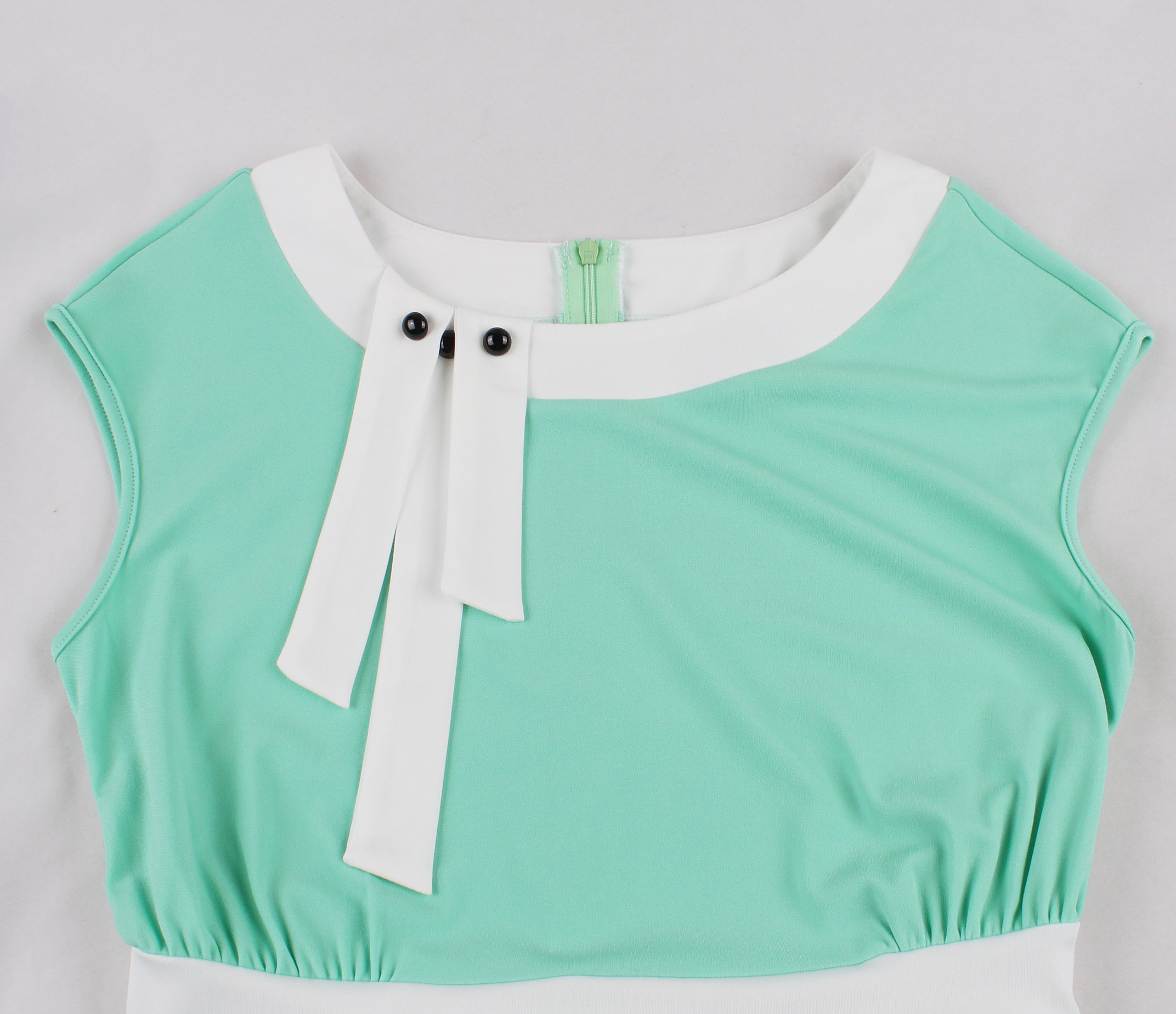 Vintage Mint Green Short Sleeve Dress with White Bow and Matching Headband, A-Line Retro Flared SkirtN23819