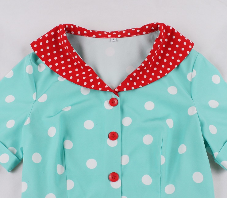 Vintage-Inspired Teal Polka Dot Dress with Contrast Red Collar - Retro A-Line Swing Dress N237835