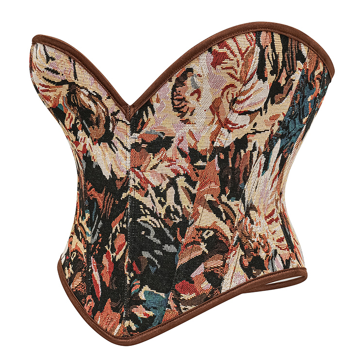 Vintage Jacquard Corset Top - Heart-shaped Neckline with Leather Trim and Front Lace-up N237844