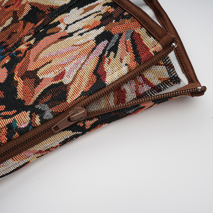 Vintage Jacquard Corset Top - Heart-shaped Neckline with Leather Trim and Front Lace-up N237844