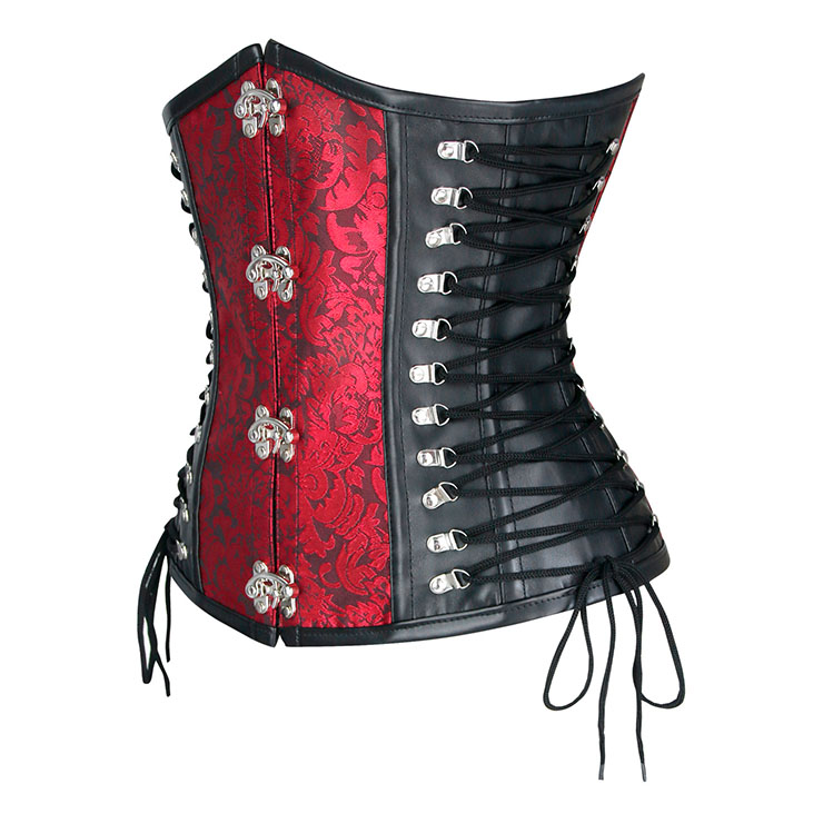 Steampunk Red Jacquard Black PU Panel Steel Boned Cincher Underbust Corset N19392