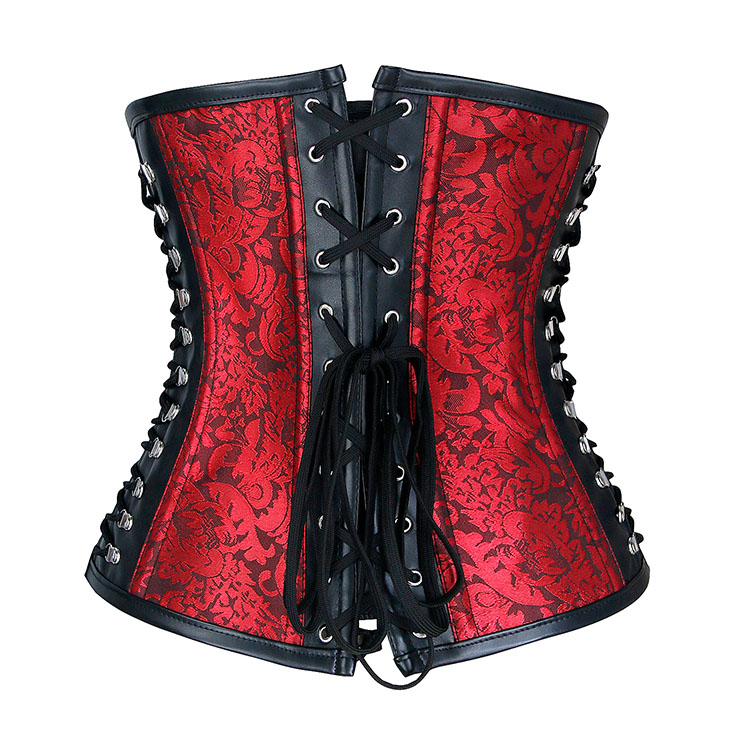 Steampunk Red Jacquard Black PU Panel Steel Boned Cincher Underbust Corset N19392