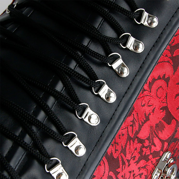 Steampunk Red Jacquard Black PU Panel Steel Boned Cincher Underbust Corset N19392