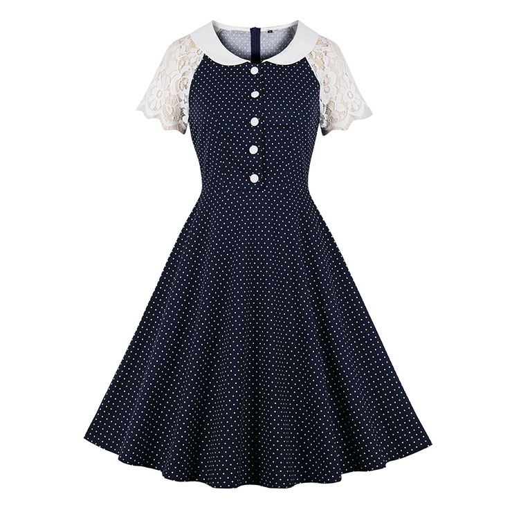 1950's Vintage Lapel Floral Lace Sleeves Polka Dots High Waist Daily Casual Swing Dress N21497