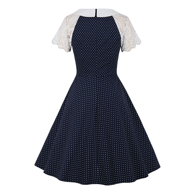 1950's Vintage Lapel Floral Lace Sleeves Polka Dots High Waist Daily Casual Swing Dress N21497