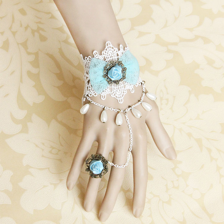 Vintage White Floral Lace Wristband Bowknot Bracelet with Ring J18091
