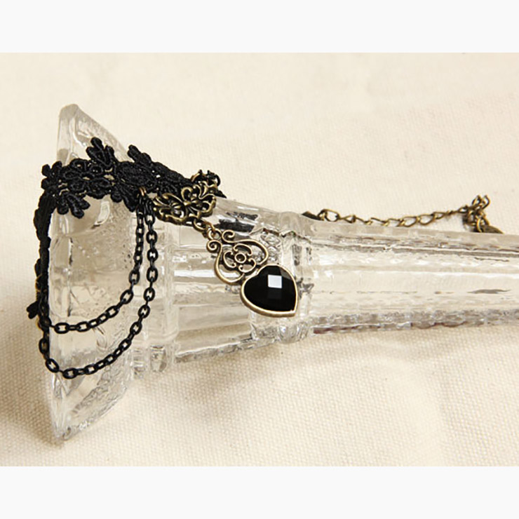 Vintage Gothic Black Lace Wristband Crystal Heart Embellishment Bracelet J17855