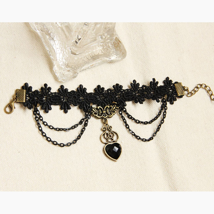 Vintage Gothic Black Lace Wristband Crystal Heart Embellishment Bracelet J17855