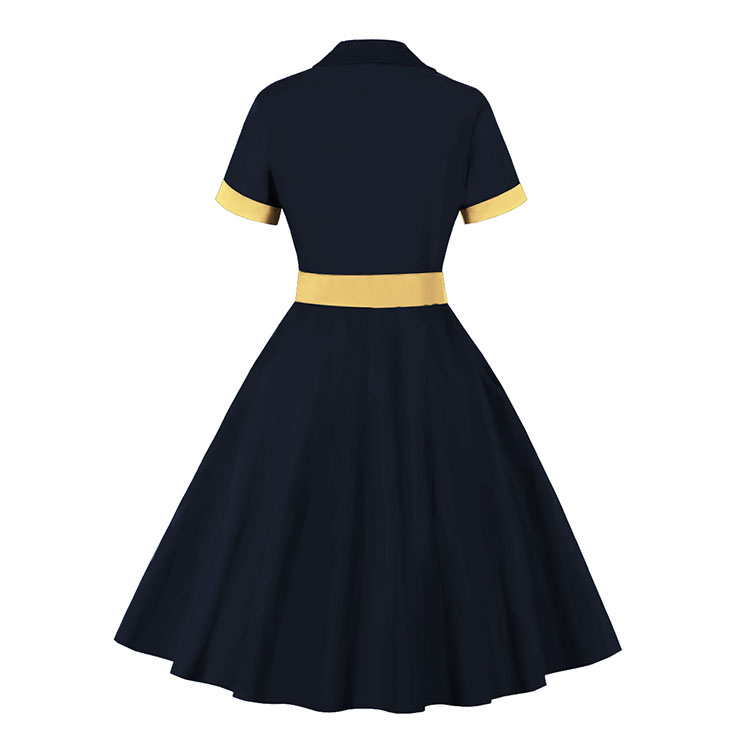 1960s Retro Solid Color Lapel Short Sleeves High Waist Cocktail Swing Dress With Belt N21713