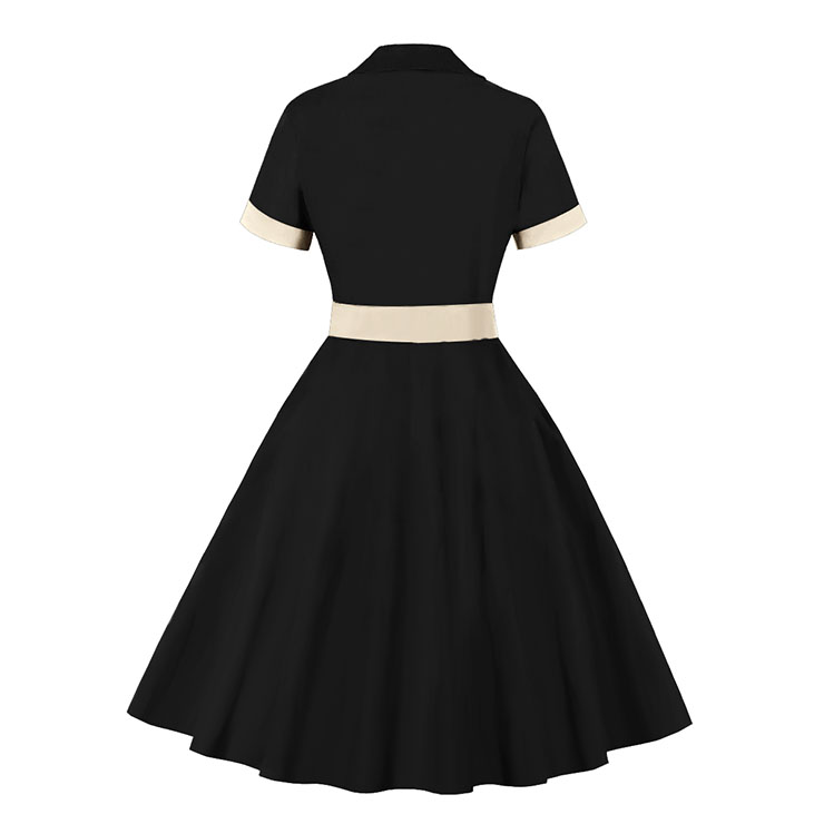 1960s Retro Solid Color Lapel Short Sleeves High Waist Cocktail Swing Dress With Belt N21714