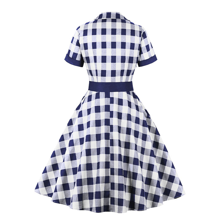 1960s Retro Blue and White Plaid Lapel Short Sleeves High Waist Swing Dress With Belt N21715