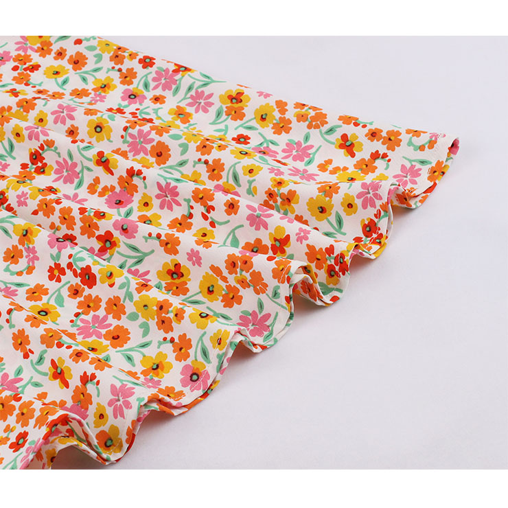 Vintage Floral Print Lapel Puff Sleeve Front Button High Waist Rockabilly Daily A-line Dress N22107