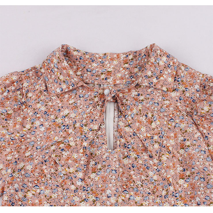 Retro Floral Print Lapel Tie Collar Short Sleeve High Waist Rockabilly Daily Swing Dress N22109