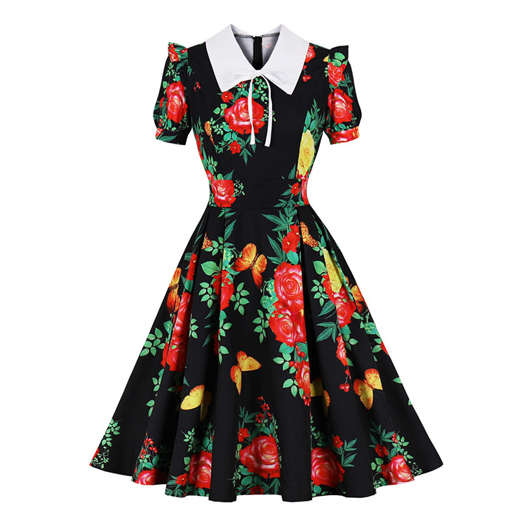 Vintage Floral Print Lapel Short Sleeve High Waist Summer Cocktail Midi Dress N22200