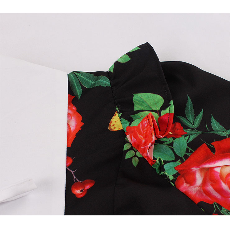 Vintage Floral Print Lapel Short Sleeve High Waist Summer Cocktail Midi Dress N22200