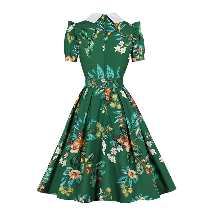 Vintage Floral Print Lapel Short Sleeve High Waist Summer Cocktail Midi Dress N22201